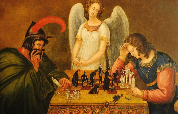 Odklejeni katolicy Obraz pokazujący sztana grającego w szachy z człowiekiem. Anioł się przygląda.