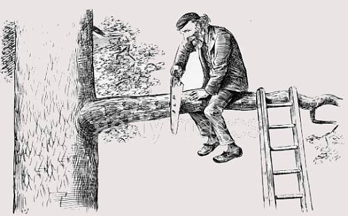 Z żalami do Tuska! siedzący człowiek podcinający gałąź pod sobą