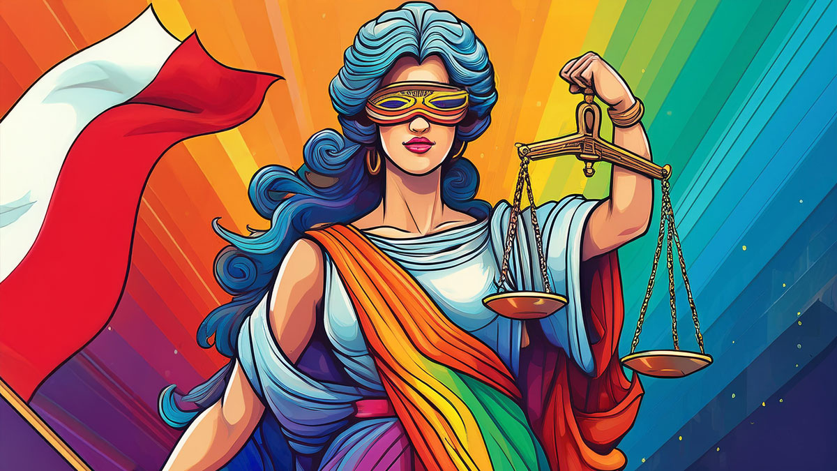 Totalitaryzm nadchodzi! Nowe przepisy o mowie nienawiści wobec LGBT . Grecka bogini sprawiedliwośći w tęczowym ubraniu