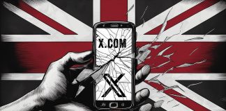 Wyciek dokumentów CCDH: Brytyjscy doradcy Kamali Harris planują „zniszczenie Twittera Muska” Flaga UK i zniszczony telefon z serwisem X na ekranie