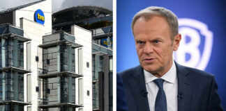 Kto kupi TVN … Tusk na tle logo WB i budynek TVN